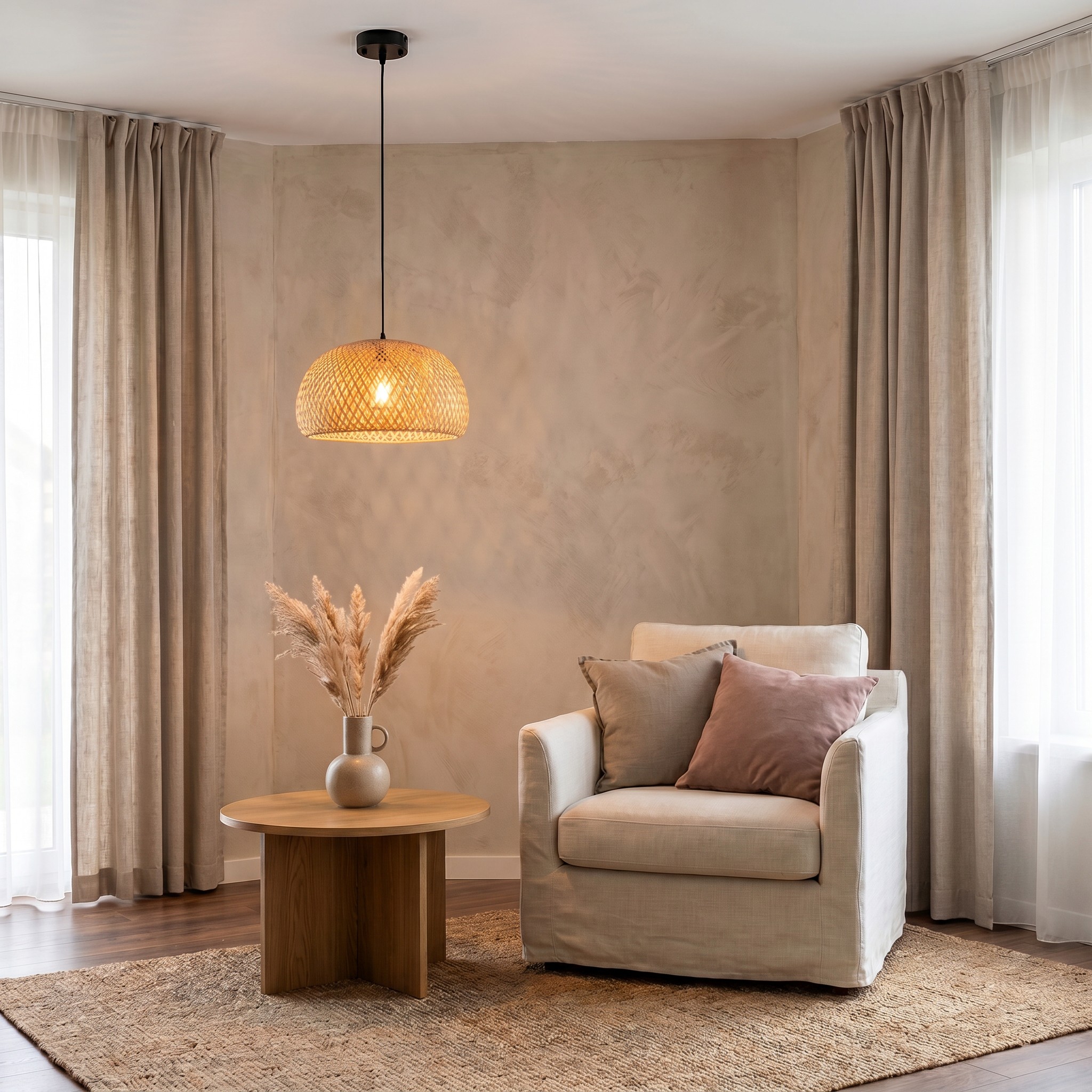 LAMPA WISZĄCA BAMBUSOWA BOHO DO JADALNI I SALONU PLECIONA SUFITOWA 38 CM we wnętrzu