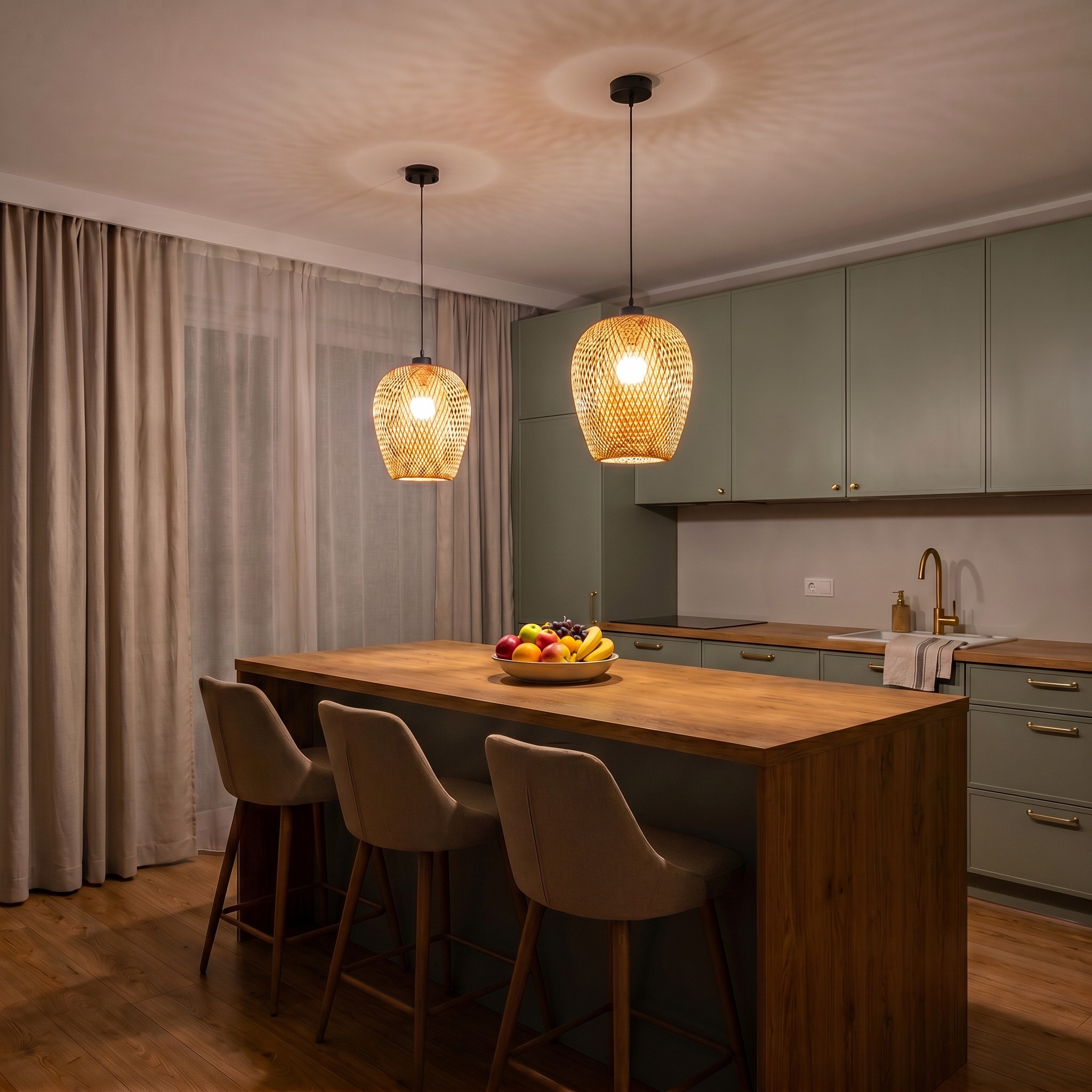 LAMPA WISZĄCA SUFITOWA BAMBUSOWA PLECIONY ŻYRANDOL DO SALONU BOHO 24 CM we wnętrzu