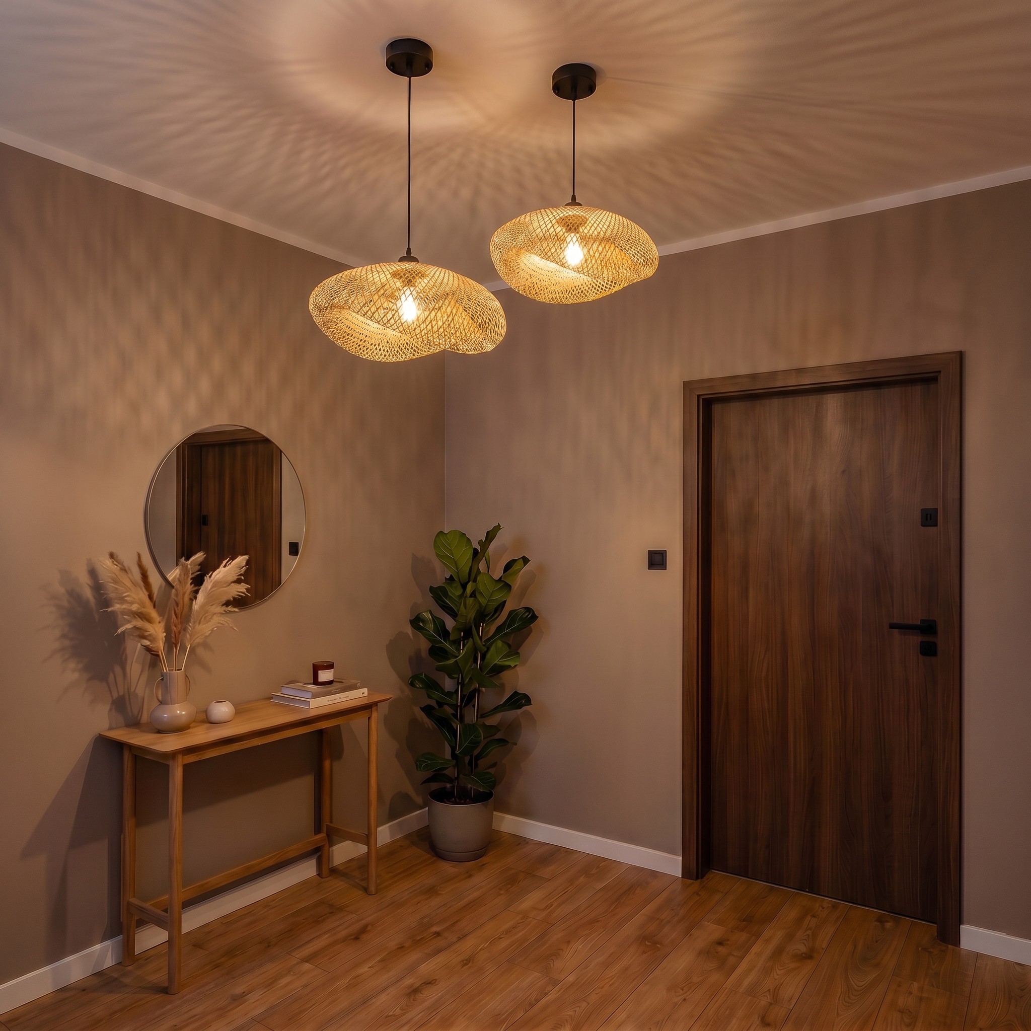 ŻYRANDOL PLECIONY BAMBUSOWY BOHO DUŻA LAMPA WISZĄCA DO SALONU I JADALNI 50 CM we wnętrzu
