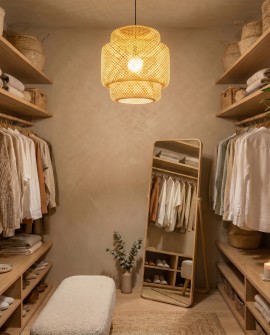 Pleciony klosz bambusowy Lampit BOHO jako centralne oświetlenie małej garderoby