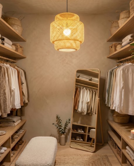 Pleciony klosz bambusowy Lampit BOHO jako centralne oświetlenie małej garderoby