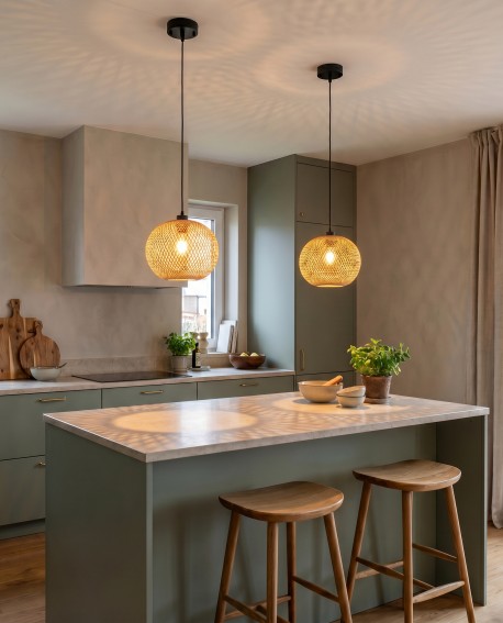 Lampa wisząca w stylu Boho z plecionym kloszem i czarna podsufitką