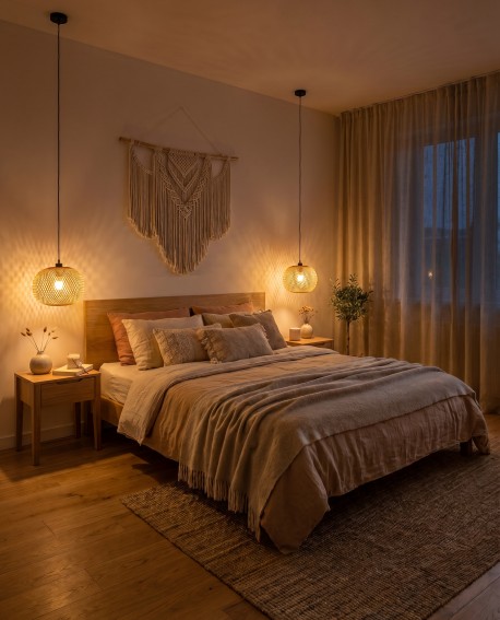 Sufitowa lampa wisząca z bambusowym kloszem zastosowana nad szafkami nocnymi w sypialni