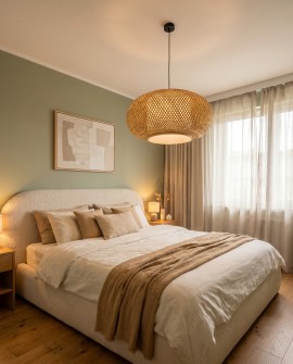 Bambusowy żyrandol nad łóżkiem w naturalnej sypialni