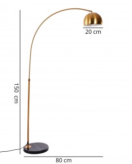 Lampa podłogowa łukowa z dużym mosiężnym kloszem na prostym ramieniu