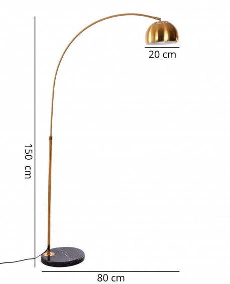 Lampa podłogowa łukowa z dużym mosiężnym kloszem na prostym ramieniu