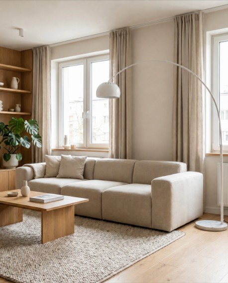 Minimalistyczna biała lampa stojąca idealna do salonu obok sofy