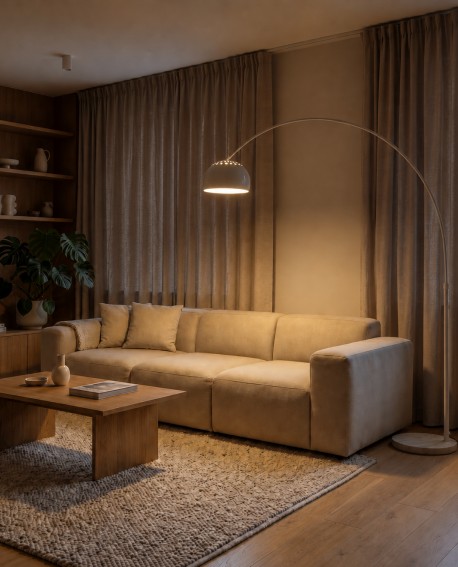 Stylowa lampa podłogowa AZURRO C1 do nowoczesnego salonu z beżową kanapą nocą