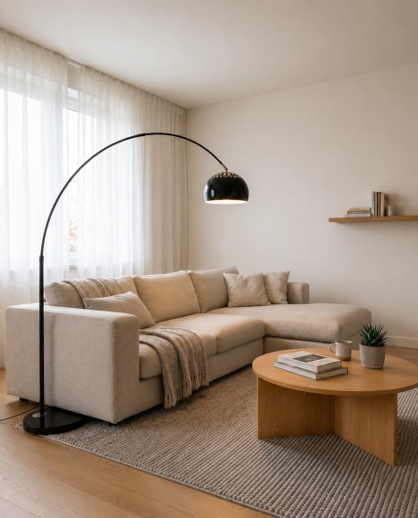 Czarna lampa podłogowa AZURRO w nowoczesnym jasnym salonie