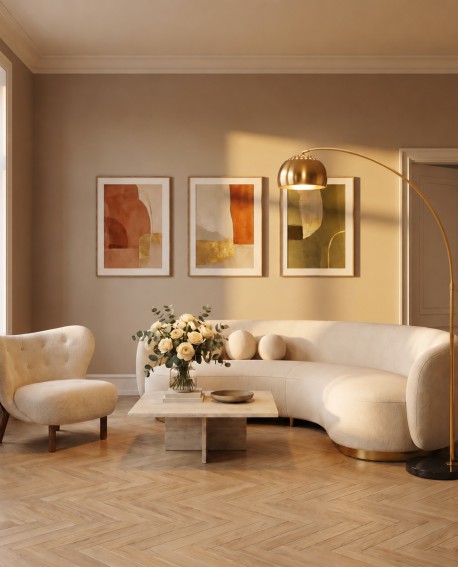 Elegancka lampa łukowa do stylowego salonu z drewnianą podłogą