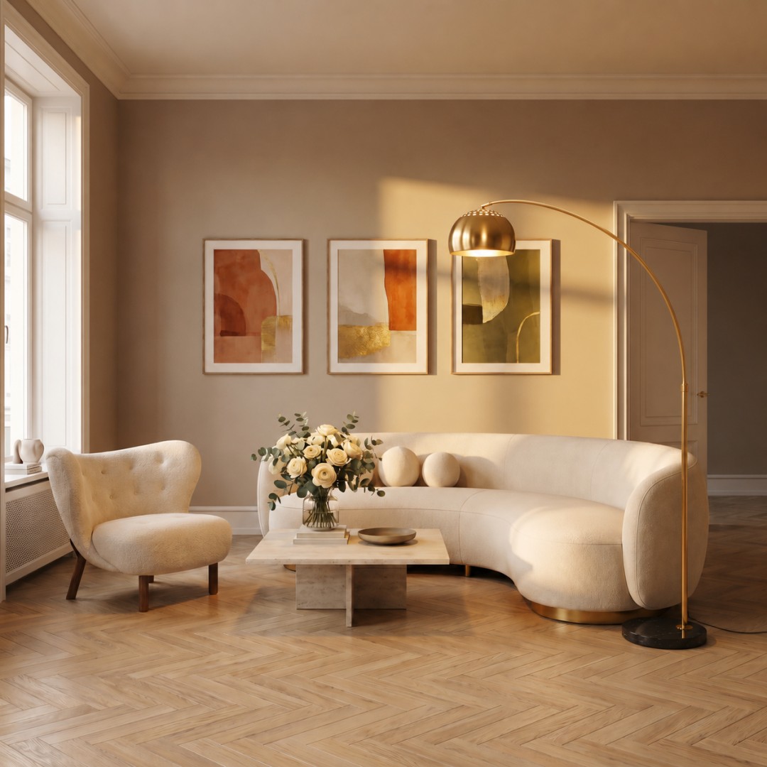 Elegancka lampa łukowa do stylowego salonu z drewnianą podłogą