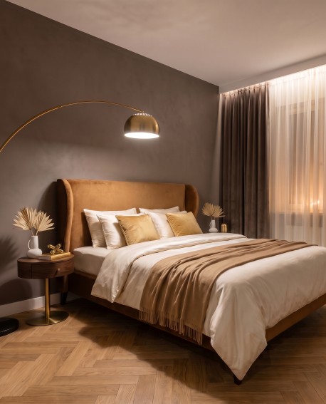 Stojąca lampa łukowa AZURRO B1 zapewniająca światło do czytania w sypialni