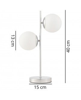 Wymiary lampy stołowej TESO W2 z białymi kulami z chromowanym wykończeniem
