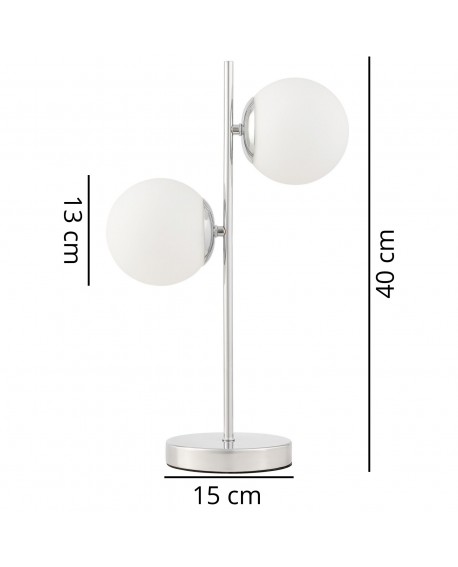 Wymiary lampy stołowej TESO W2 z białymi kulami z chromowanym wykończeniem