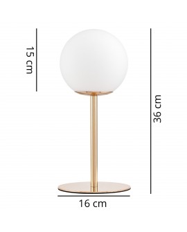 Lampa stołowa FREDICA Lumina Deco z białym kulistym kloszem i wymiarami na rysunku
