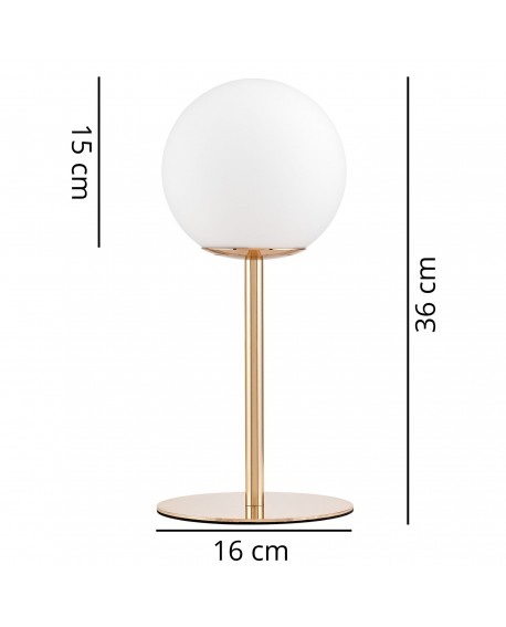 Lampa stołowa FREDICA Lumina Deco z białym kulistym kloszem i wymiarami na rysunku