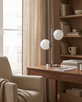 Designerska lampa biurkowa chromowana 2 białe kule na biurko 