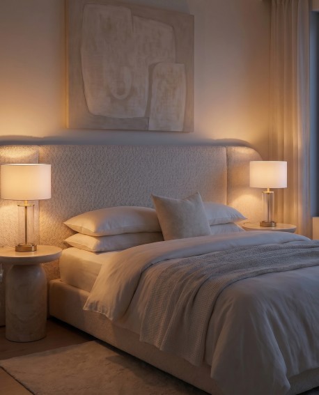 Delikatne oświetlenie sypialni dzięki lampie stołowej Lumina Deco LEONA na stoliku
