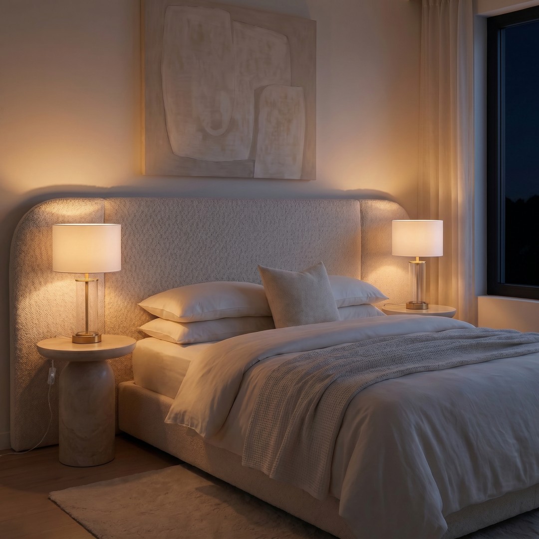 Delikatne oświetlenie sypialni dzięki lampie stołowej Lumina Deco LEONA na stoliku
