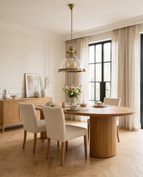 Mosiężny żyrandol FALCO wpisujący się w przytulny design jadalni Lumina Deco