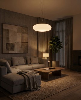 Minimalistyczna lampa Lumina Deco BIANTE zawieszona w eleganckim salonie z beżową sofą
