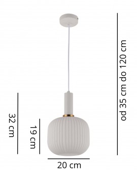 Wymiary lampy wiszącej GATO Lumina Deco z białym żłobionym kloszem