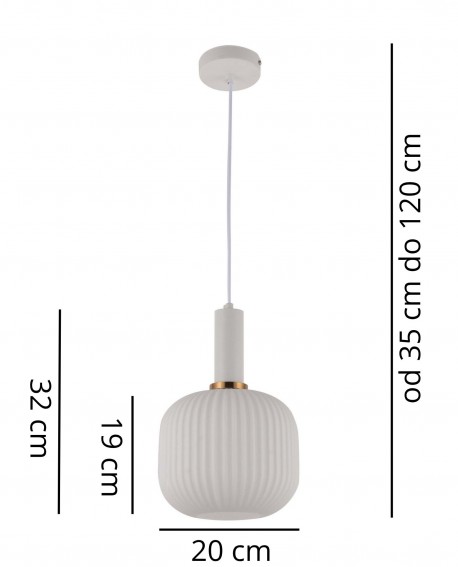 Wymiary lampy wiszącej GATO Lumina Deco z białym żłobionym kloszem