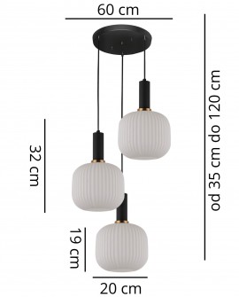 Lampa sufitowa GATO W3 Lumina Deco z trzema białymi kloszami i wymiarami technicznymi
