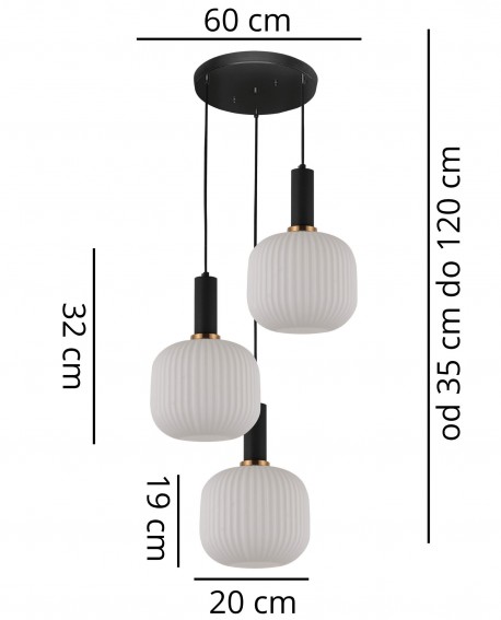 Lampa sufitowa GATO W3 Lumina Deco z trzema białymi kloszami i wymiarami technicznymi