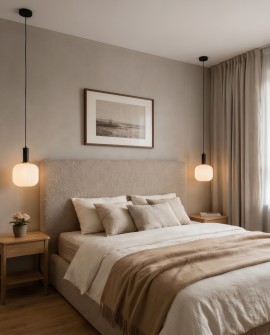 Nowoczesna lampa wisząca z żłobionym kloszem w przytulnej sypialni