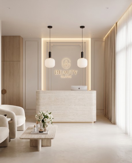 Lampa wisząca GATO Lumina Deco z białym kloszem nad ladą w minimalistycznej recepcji