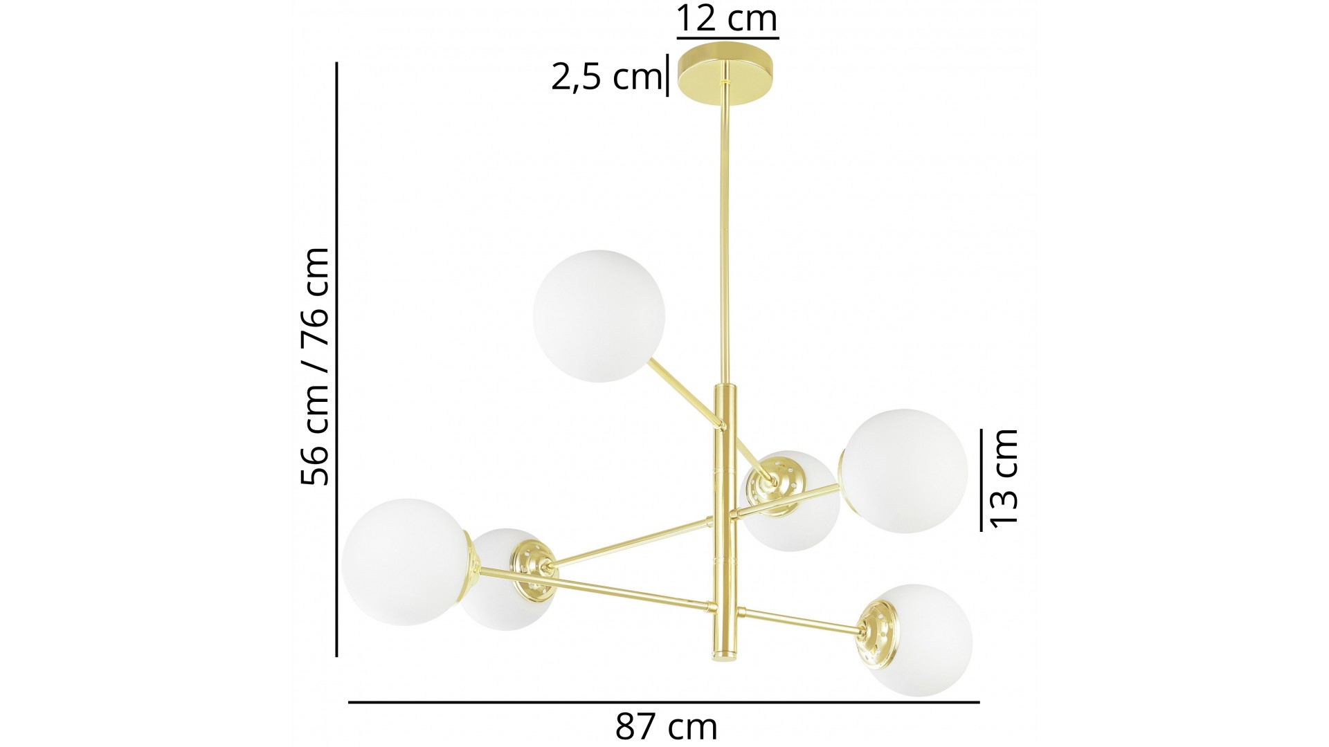 Złota lampa wisząca z sześcioma białymi kloszami przedstawiona z wymiarami: 75 cm wysokości i 87 cm szerokości