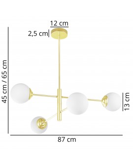 Wymiary złotej lampy wiszącej z czterema białymi kulami – nowoczesna lampa 87×65 cm z podsufitką 12 cm