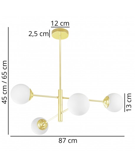 Wymiary złotej lampy wiszącej z czterema białymi kulami – nowoczesna lampa 87×65 cm z podsufitką 12 cm