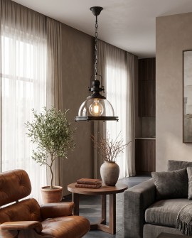Szklany klosz lampy FALCO Lumina Deco podkreśla industrialny styl przestronnego salonu