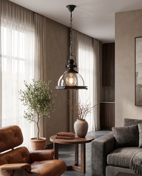 Szklany klosz lampy FALCO Lumina Deco podkreśla industrialny styl przestronnego salonu