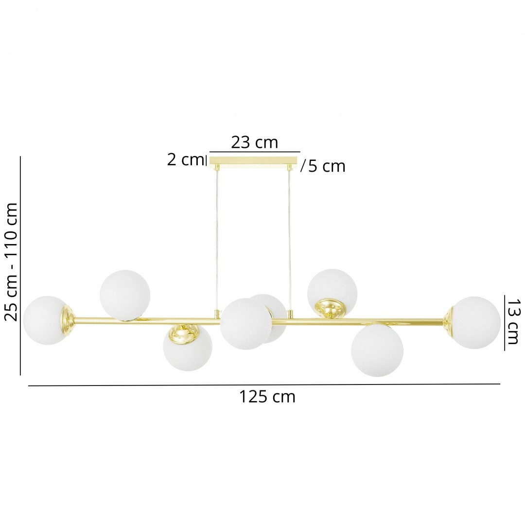 Lampa wisząca FINO Lampit w wersji złotej z oznaczonymi wymiarami szerokości i wysokości