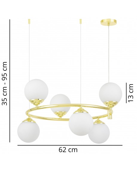 Lampa wisząca RING W6 z wymiarami pierścienia i klosza