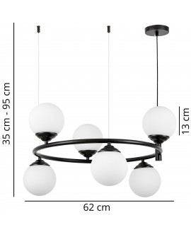 Czarna lampa wisząca z sześcioma matowymi kulami na okręgu, z zaznaczonymi wymiarami 62 cm i 35–95 cm.