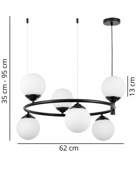 Czarna lampa wisząca z sześcioma matowymi kulami na okręgu, z zaznaczonymi wymiarami 62 cm i 35–95 cm.