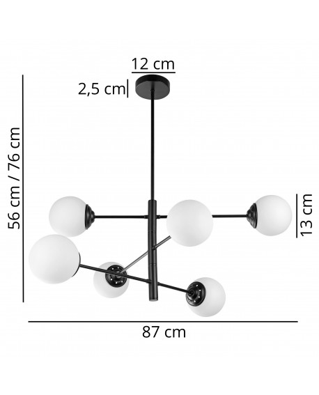 Czarna lampa wisząca FINO 6 z sześcioma kulami – wymiary: 87 cm szerokości, 75 cm wysokości, podsufitka 12 cm.