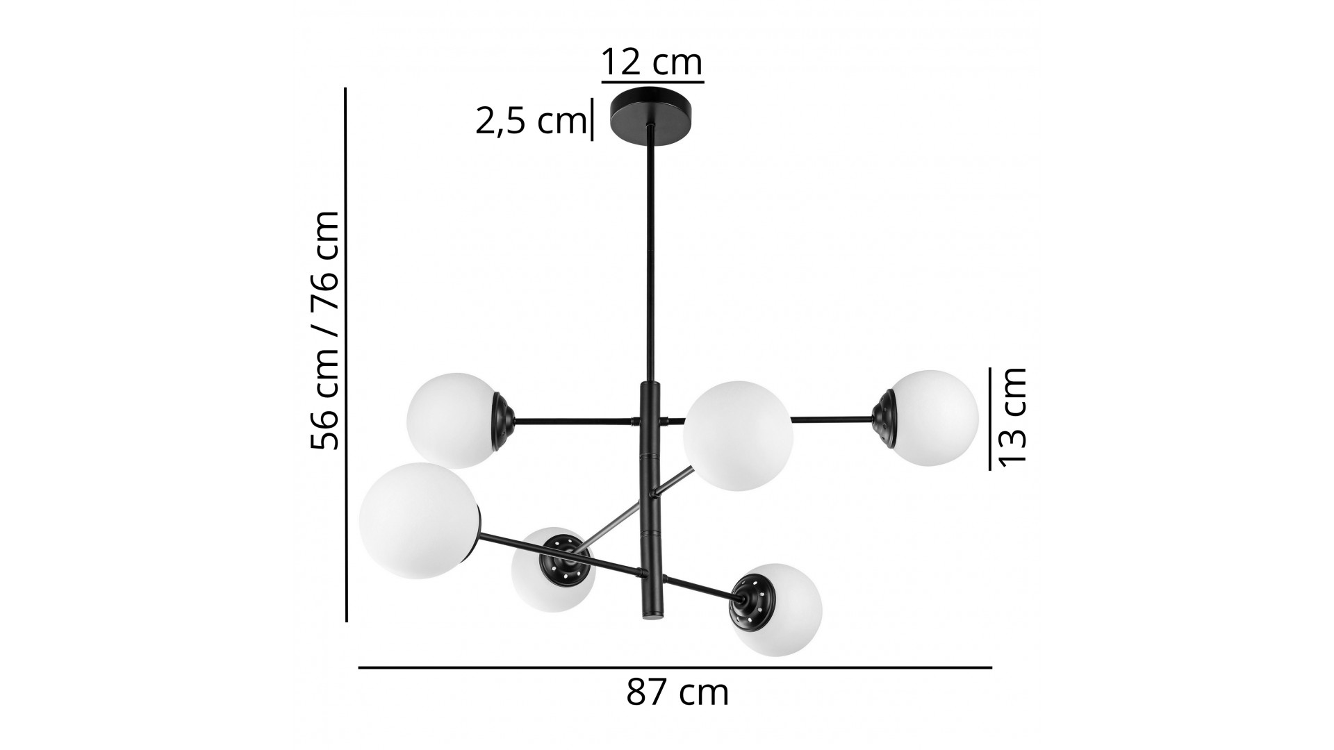 Czarna lampa wisząca FINO 6 z sześcioma kulami – wymiary: 87 cm szerokości, 75 cm wysokości, podsufitka 12 cm.