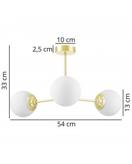 Lampa z trzema białymi kulistymi kloszami na złotym stelażu, idealna do eleganckich wnętrz