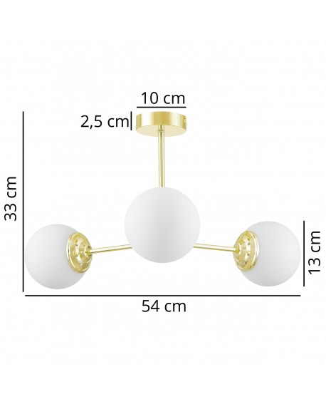 Lampa z trzema białymi kulistymi kloszami na złotym stelażu, idealna do eleganckich wnętrz