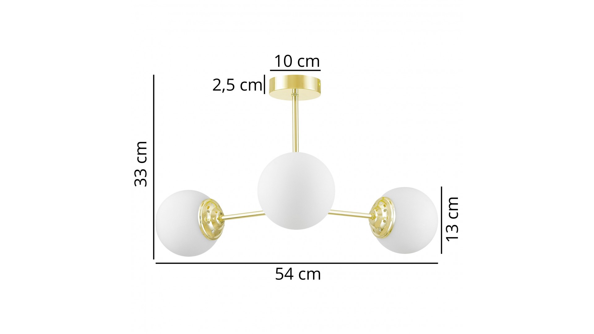 Lampa z trzema białymi kulistymi kloszami na złotym stelażu, idealna do eleganckich wnętrz