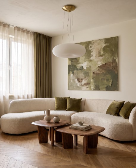 Nowoczesna lampa wisząca Lumina Deco BIANTE D38 w bieli i złocie w salonie z narożnikiem