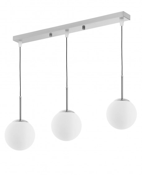 LAMPA WISZĄCA NOWOCZESNA POTRÓJNA CHROMOWANA BIAŁE KULE FREDICA 3 PODŁUŻNA LUMINA DECO