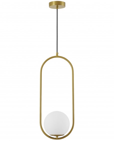 Nowoczesna lampa wisząca w szczotkowanym złocie z jednym kloszem w formie szklanej kuli w owalnej ramie