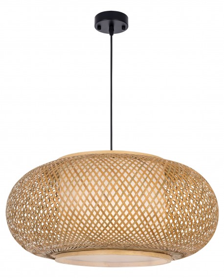 Duża lampa sufitowa z naturalnego bambusa w stylu Boho z widocznym czarnym zawieszeniem