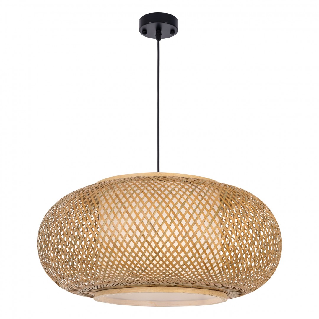 Duża lampa sufitowa z naturalnego bambusa w stylu Boho z widocznym czarnym zawieszeniem